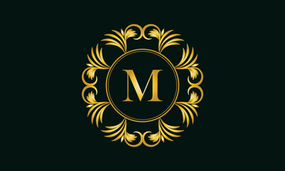 Golden elegant monogram in the form of a ring design with the letter M in the center. Vector illustration. Luxury ornament for restaurant logo, business, jewelry, etc