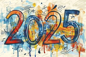 2025 drawing numbers, new year sketch greeting card, doodle celebrate banner, freehand eve poster