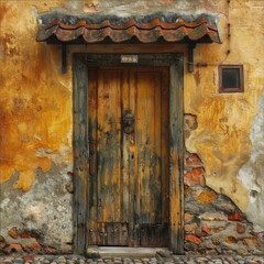Weathered wooden door with a knocker, set in a stone wall. AI.