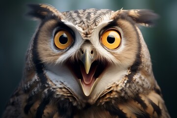 Striking close-up portrait of an eagle owl with intense orange eyes and open beak