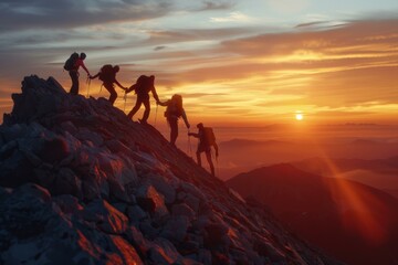 A group of hikers ascend a steep mountain peak at sunrise. AI.