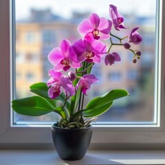 Orchid flower in pot on windowsill, beautiful tropical phalaenopsis, orchid on blurred background
