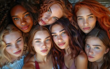 Obraz premium A group of diverse women with freckles on their faces pose for a selfie. AI.