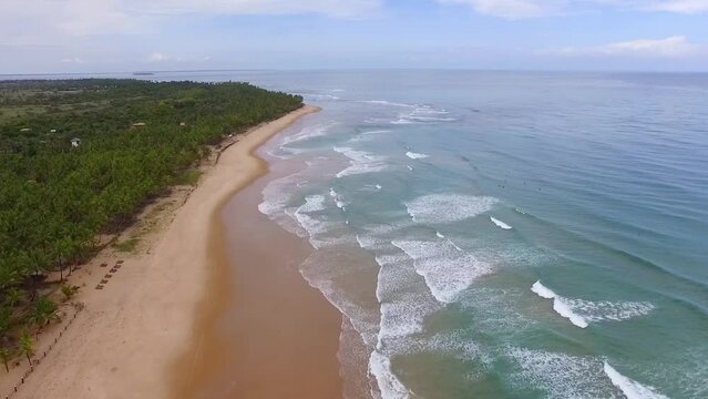 Praia paradis&iacute;aca quase vazia no litoral do Brasil. Taipu de Fora, praia da Bahia filmada do alto por drone em sobrev&ocirc;o a&eacute;reo.