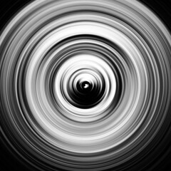 Black and white radial motion effect. Abstract rounded background. Grayscale curves and sphere.