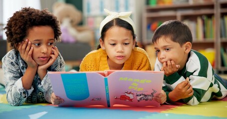 Children, kindergarten and reading together in class, childhood development and growth for...