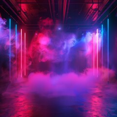 Empty dark stage, neon spotlights, smoke texture background, fog stage interior, showroom