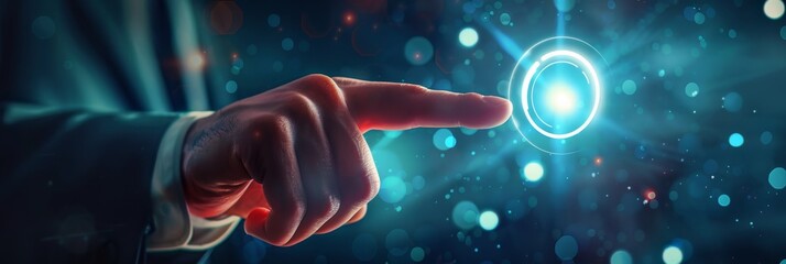 Businessman hand pressing start button closeup, finger push powerbutton, human choice, start