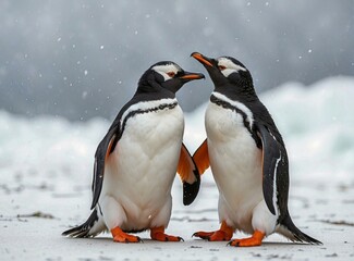 Two penguins standing on the beach, looking at each other. AI.