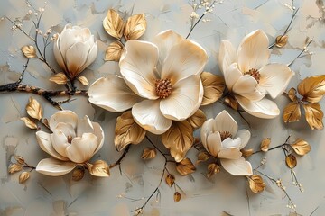 3 panel wall art, marble background with golden and silver flowers designs