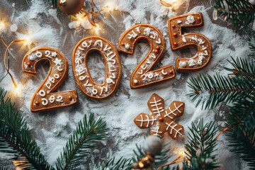 2025 gingerbread numbers, new year biscuits greeting card, gingerbread cookies celebrate banner