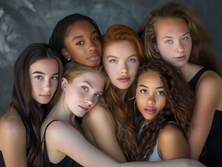 Diverse group of young women posing together in a close, intimate portrait. AI.