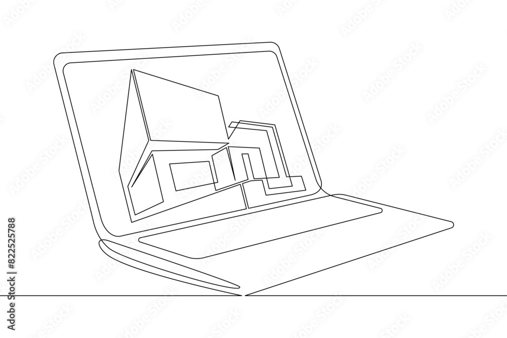 Poster one continuous line.modern house on the computer screen. fashionable architecture in the device. hou