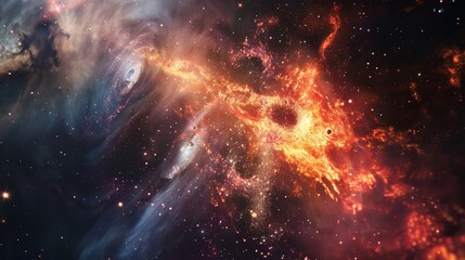 Naklejka premium The particles emitted from the black hole seem to merge and collide creating a dazzling fireworks show in the depths of space.