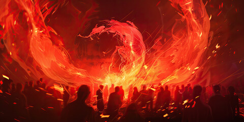 The fiery red embers dance and twirl, casting flickering shadows across the gathering crowd