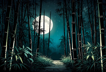 A mysterious night bamboo forest with moonlight filtering through the dense foliage vector art...