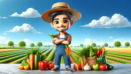 Happy 3D-Style Farmer with Fresh Vegetables in Field, Holding Carrots and Surrounded by Bountiful Harvest on a Sunny Day