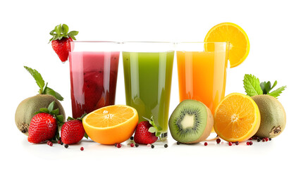Fototapeta premium Set with kiwi, orange, strawberry juices and fresh fruits isolated on white