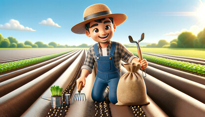 Cheerful 3D-Style Farmer Planting Seeds in Neat Rows on a Sunny Day in a Wide Vegetable Field