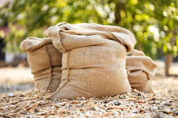Jute bags on farm ground with blurred trees on background