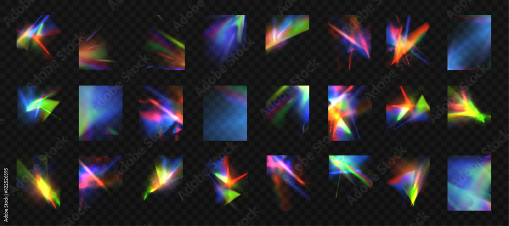 Poster rainbow light rays, lens flare, reflection effect from crystal, glass or gem. vector realistic illus