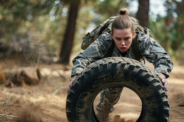 Caucasian female soldier rolling a tire during obstacle course at boot camp