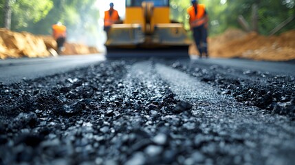Worker paving road with asphalt, focus on foreground texture, machinery and vehicle in background.