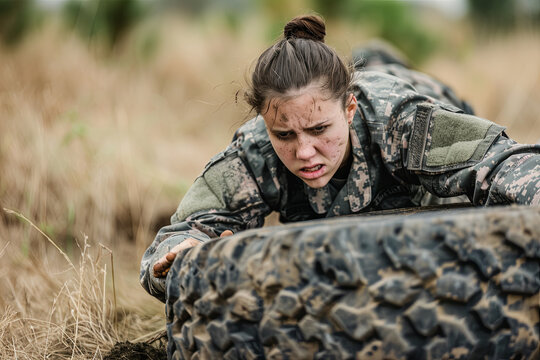 Caucasian female soldier rolling a tire during obstacle course at boot camp - Powered by Adobe
