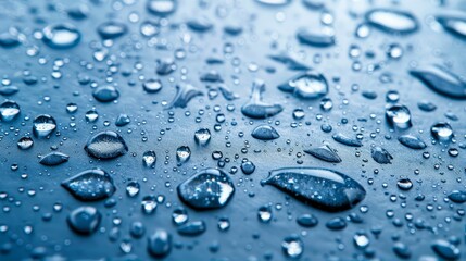  Blue surface dotted with drops of water; backdrop of blue sky and additional drops