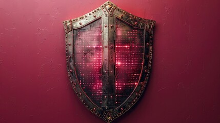 Fototapeta premium A cyber shield with a grid of encrypted data, on a solid maroon background.
