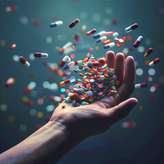 Hand Holding Assorted Pills Against Dark Background, Medical Concept