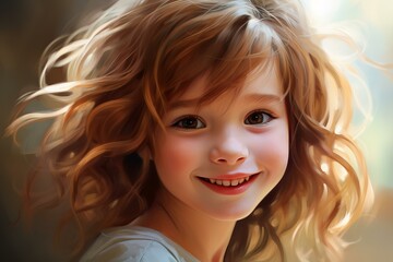 Naklejka premium Digital painting of a joyful young girl with curly windswept hair and a beaming smile