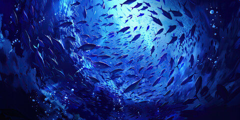 The deep indigo ocean teems with life, a school of iridescent fish darting through its depths.