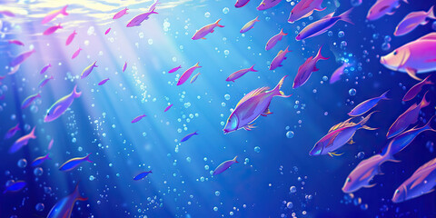 The deep indigo ocean teems with life, a school of iridescent fish darting through its depths.