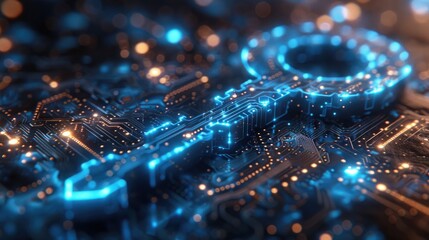 A digital encryption key with glowing blue circuits, on a solid cobalt blue background.