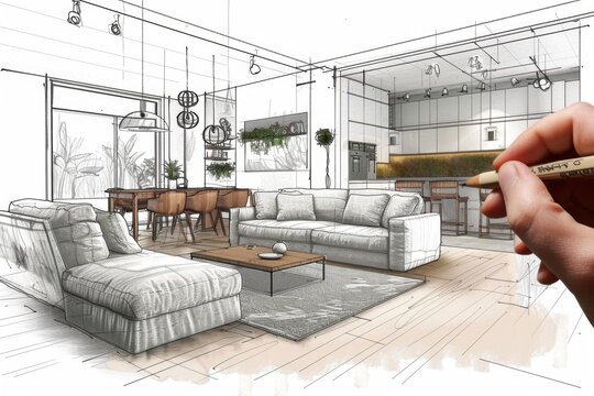 A detailed sketch of a futuristic building interior being drawn by an architect's hand, showcasing modern design concepts and creativity.