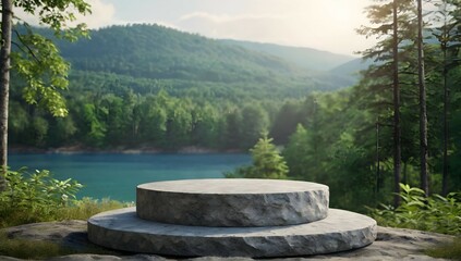 Photo flat small stone podium on rock platform 3d illustration gray rock pedestal for product display green forest and blue horizon on the background natural scenery landscape soft daily light - Powered by Adobe