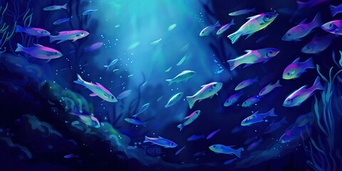 The deep indigo ocean teems with life, a school of iridescent fish darting through its depths.