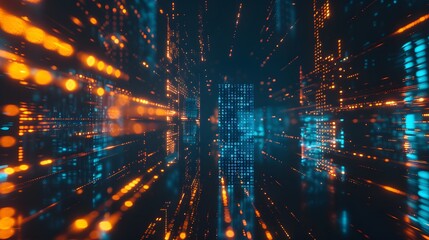 Futuristic 3D Render of Glowing Binary Code on Dark Background