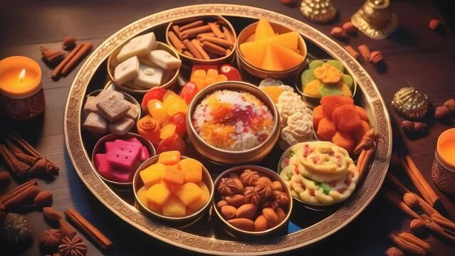 A festive tray brimming with traditional Indian sweets such as ladoo, barfi, and jalebi, symbolizing celebration, togetherness, and cultural heritage. Warm lighting enhances the inviting ambiance.