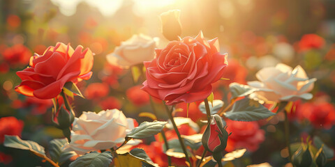 The vibrant red rose stems support delicate white blooms, reaching towards the warm sunlight.