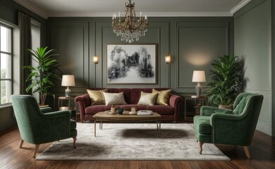 Stylish professional photograph of a dark green and brass luxury living room interior with velvet furniture and tropical plants