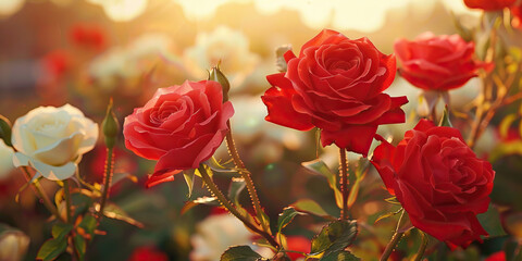 The vibrant red rose stems support delicate white blooms, reaching towards the warm sunlight.