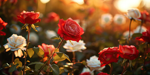Obraz premium The vibrant red rose stems support delicate white blooms, reaching towards the warm sunlight.
