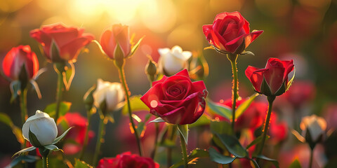 The vibrant red rose stems support delicate white blooms, reaching towards the warm sunlight.
