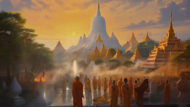 A serene sunrise illuminates a bustling Buddhist temple complex filled with monks in saffron robes, ancient stupas, and pagodas, evoking tranquility, spirituality, meditation, and cultural heritage.