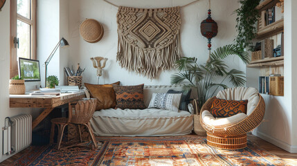 bohemian home decor, combine a macrame wall hanging and rattan chair in a boho-style home office to create a chic ambiance with varied textures and patterns