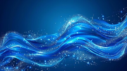  A blue wave, speckled with sparkling stars against a dark blue backdrop, bears a resemblance to a lightning bolt with its electric charge The upper portion features a blue sky