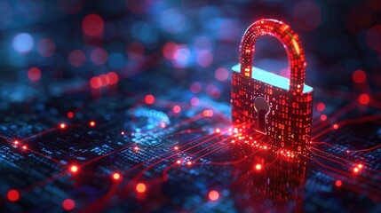 A glowing digital padlock with matrix-style code streaming across it, on a solid dark blue background