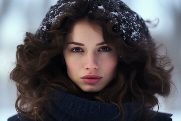 Fototapeta premium Captivating close-up of a young woman’s face, her hair dusted with snow, conveying serene winter beauty